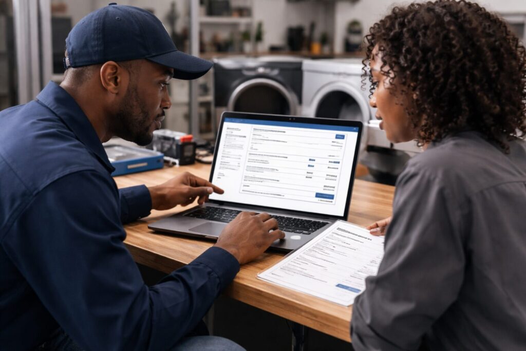 Black appliance technician showing repair estimate on tablet to a smiling homeowner in a modern kitchen setting