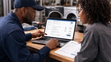 Black appliance technician showing repair estimate on tablet to a smiling homeowner in a modern kitchen setting