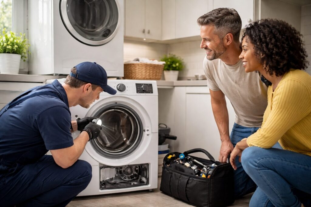 middle-aged couple reviewing appliance warranty documents at home kitchen with modern refrigerator and oven visible
