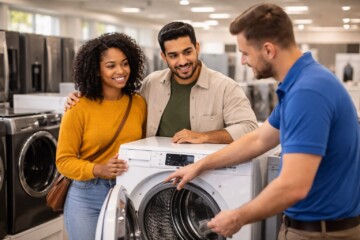 Diverse group of customers and sales associates interacting around modern appliances in a bright, busy showroom environment