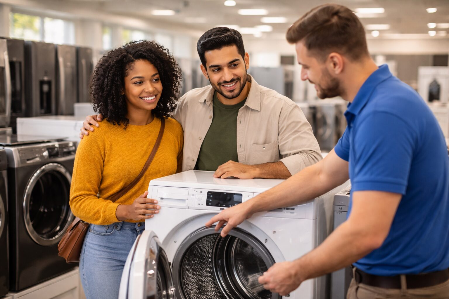 Diverse group of customers and sales associates interacting around modern appliances in a bright, busy showroom environment