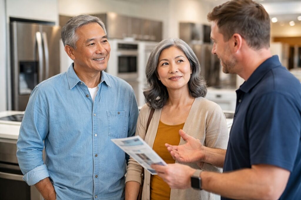 Asian older couple discussing appliance warranty options with a sales associate in a modern appliance showroom
