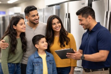 Hispanic family happily shopping for kitchen appliances in a modern showroom with a sales associate assisting them