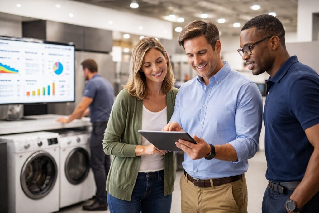 Appliance sales associate assisting a diverse couple in a modern showroom with warranty information on a tablet device