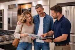 couple examining modern kitchen appliances in showroom with sales associate discussing warranty options