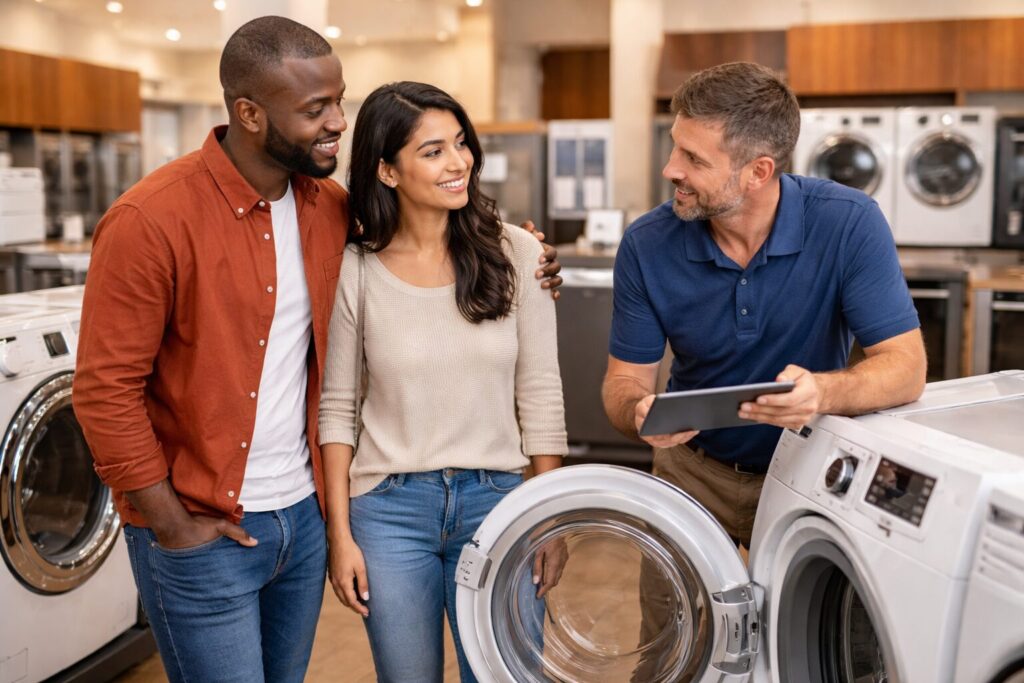 Diverse family shopping for appliances in showroom with sales associate explaining warranty options at counter