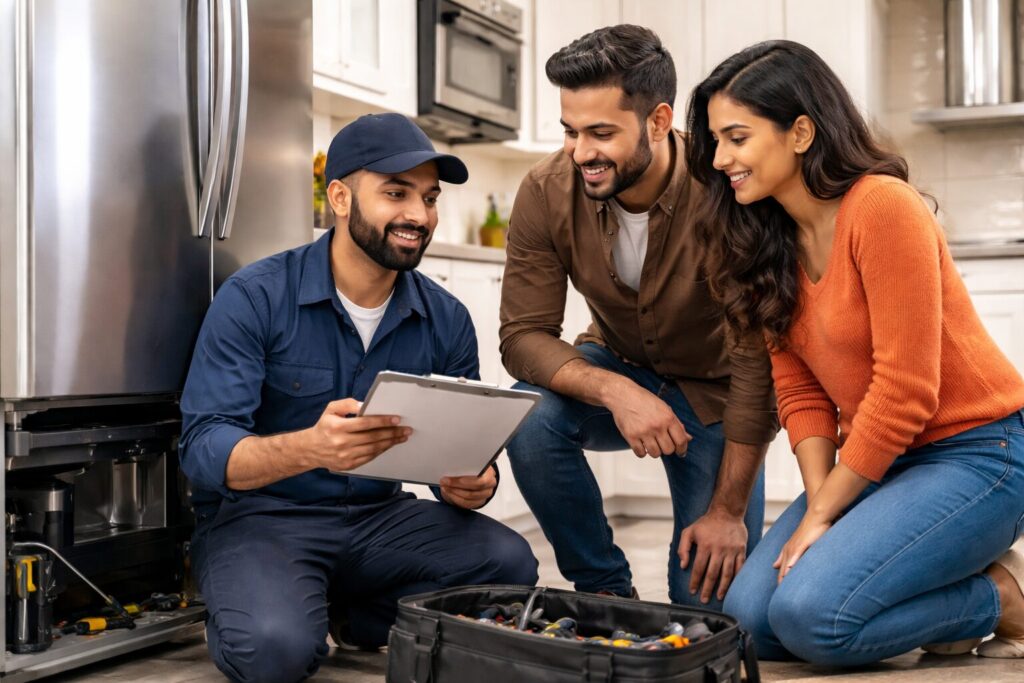 Indian couple discussing appliance warranty options with a sales associate in a modern appliance showroom