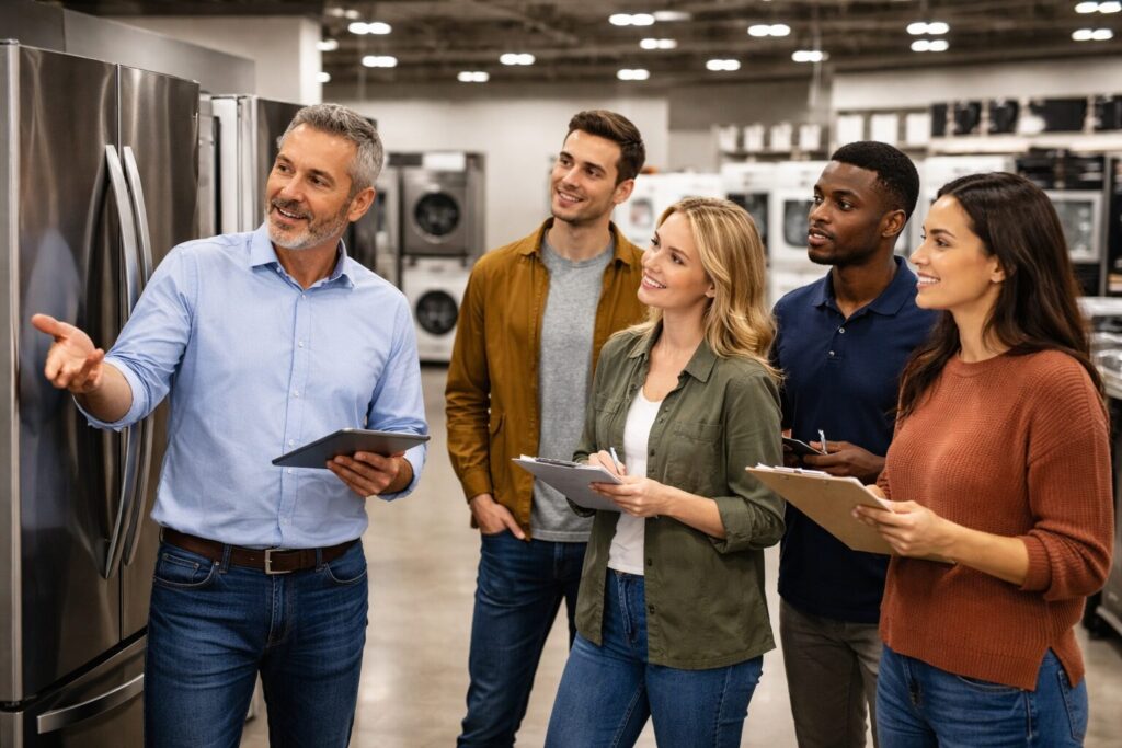 Appliance sales associate explaining protection plan options to a middle-aged couple in a modern showroom kitchen