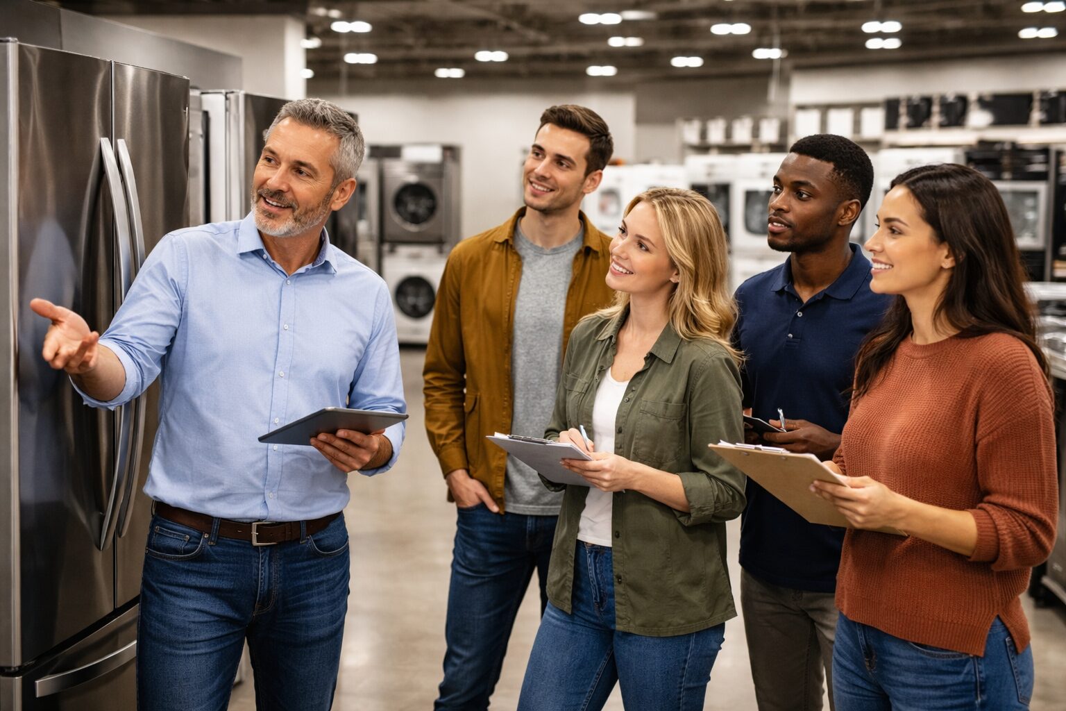 Appliance sales associate explaining protection plan options to a middle-aged couple in a modern showroom kitchen