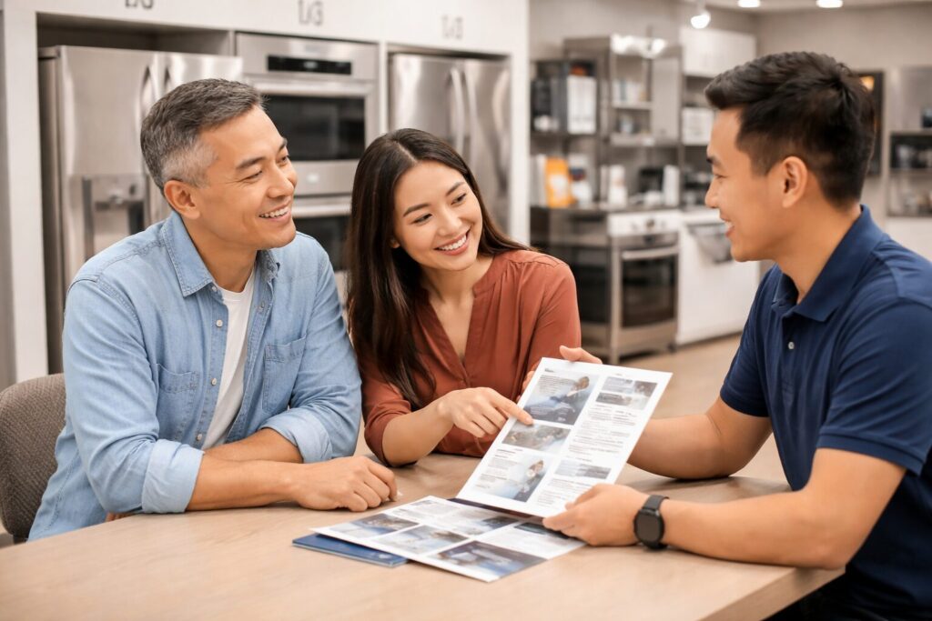 Asian couple discussing appliance warranty options with a sales associate in a modern appliance showroom