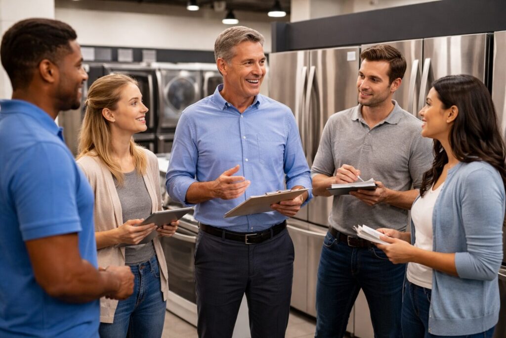 Appliance sales associate explaining extended warranty options to a middle-aged couple in a modern showroom kitchen