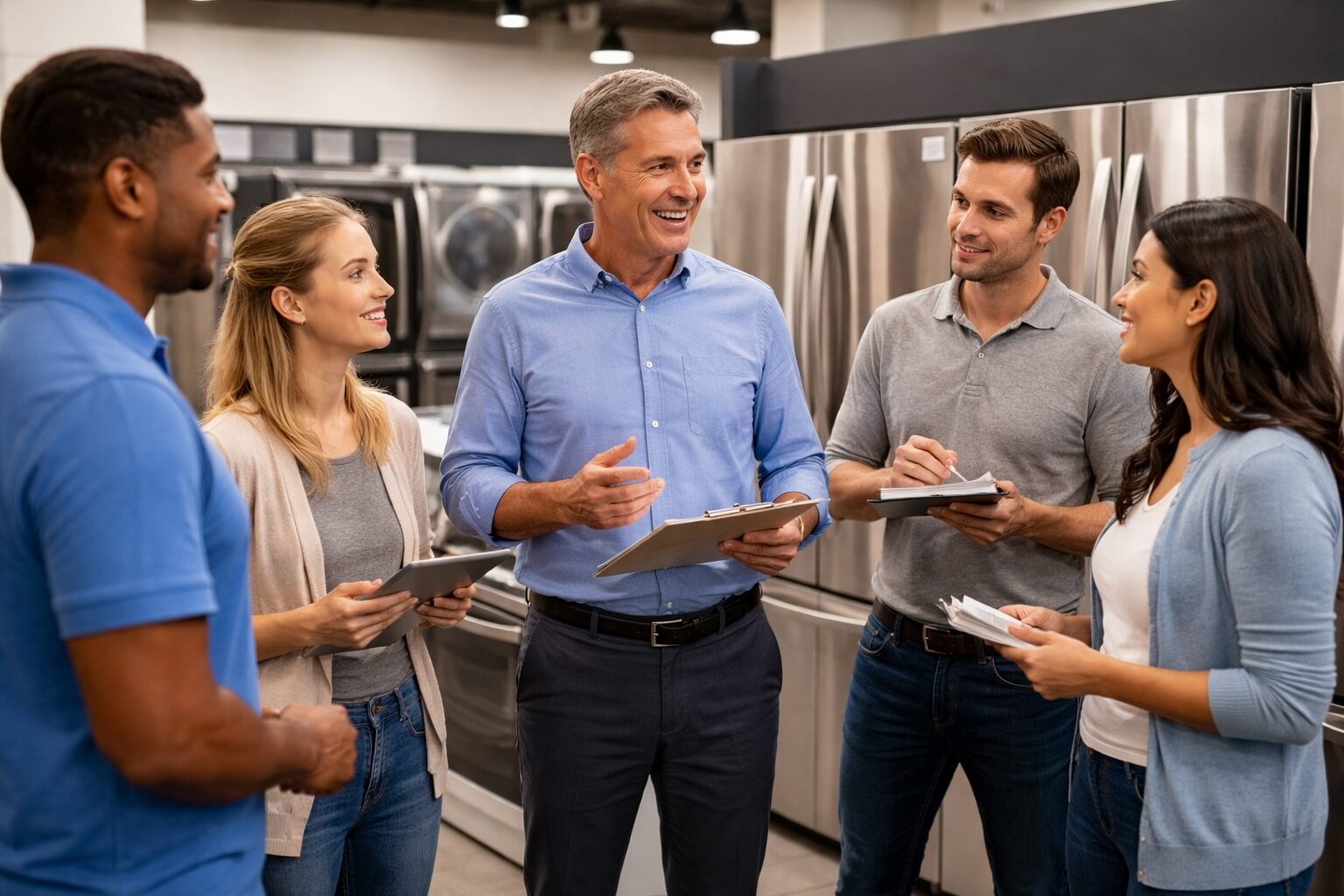 Appliance sales associate explaining extended warranty options to a middle-aged couple in a modern showroom kitchen