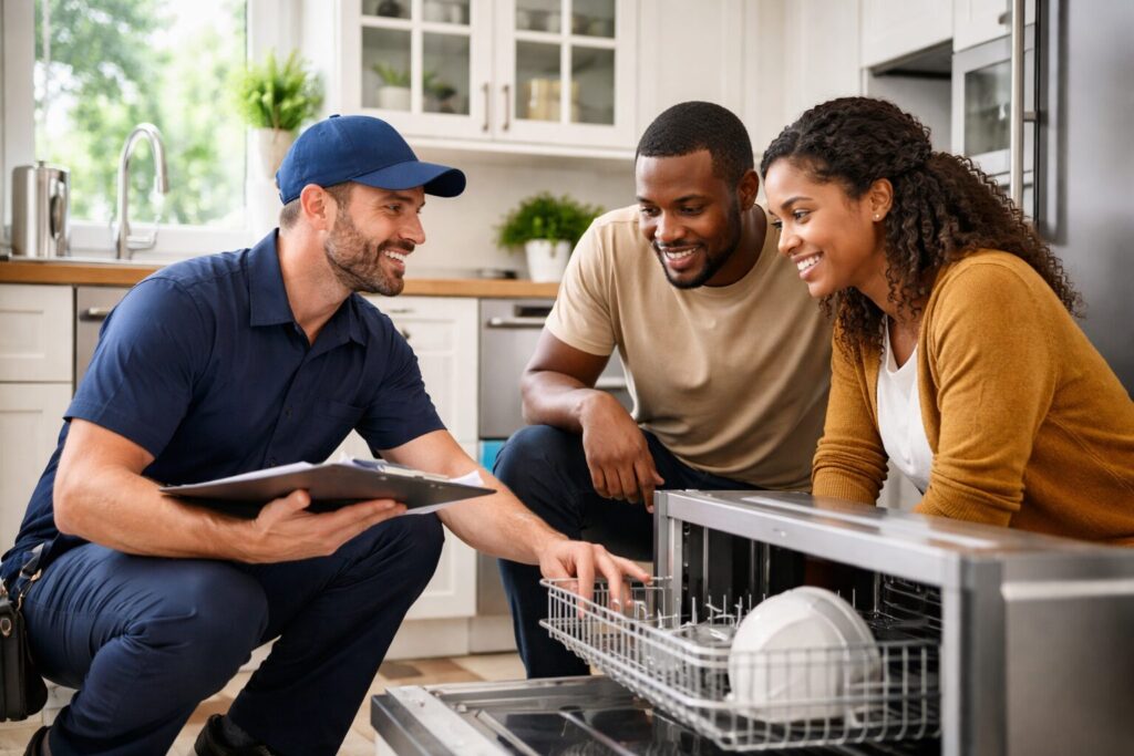 couple discussing appliance warranty options with sales associate in modern appliance showroom