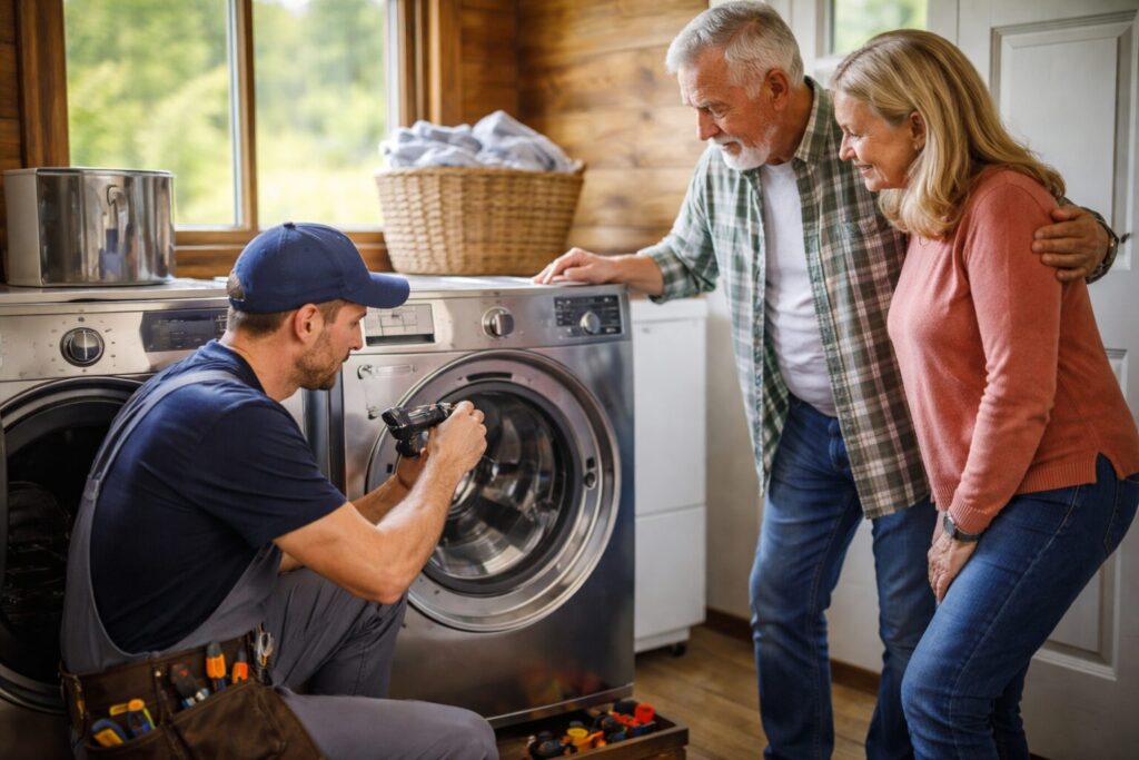 Homeowner and appliance technician discussing repair options in a rural kitchen with modern appliances visible