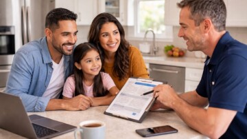 Hispanic family examining a washing machine in a bright modern laundry room discussing appliance repair options
