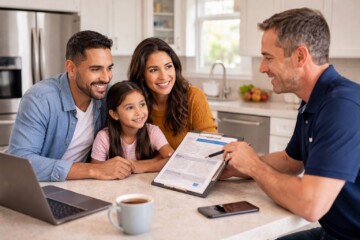 Hispanic family examining a washing machine in a bright modern laundry room discussing appliance repair options