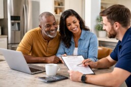 couple discussing appliance warranty options with sales associate in modern appliance showroom