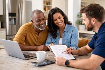 couple discussing appliance warranty options with sales associate in modern appliance showroom