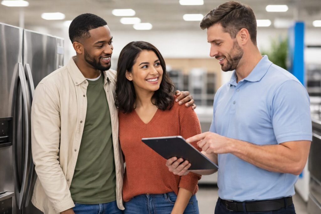 Multicultural family discussing appliance warranty options with sales associate in modern appliance showroom