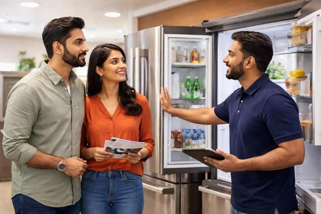 Indian couple discussing appliance warranty options with a sales associate in a modern appliance showroom