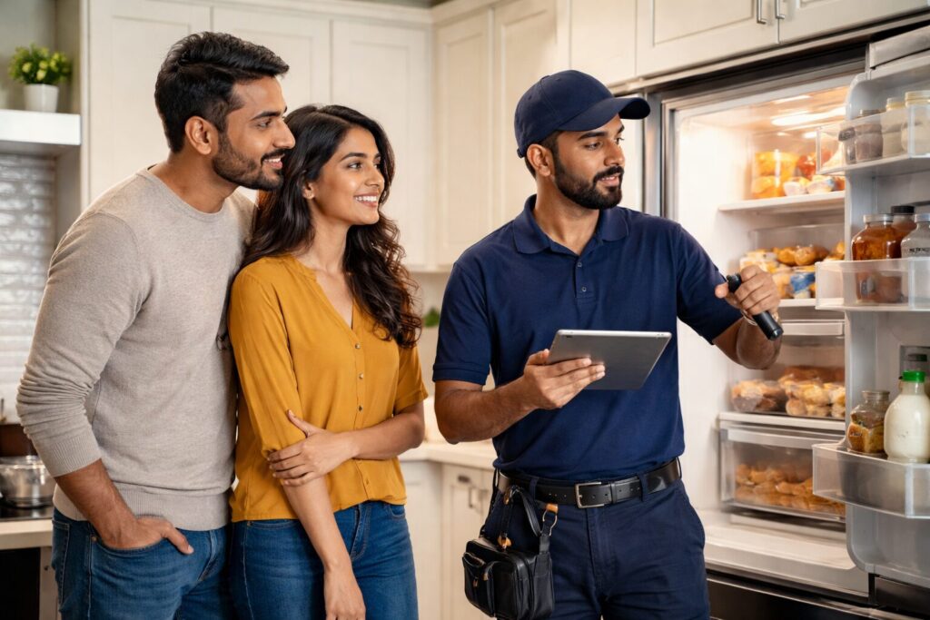 Middle-aged Indian couple examining a modern washing machine in a bright kitchen while discussing appliance repair options