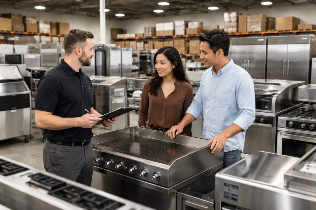 Asian business staff assisting customers in a commercial appliance showroom with equipment displayed in organized rows