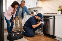 Appliance technician inspecting a washing machine in a modern laundry room while homeowner watches nearby