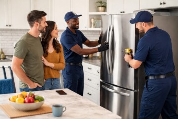 couple discussing appliance warranty options with a sales associate in a modern appliance showroom