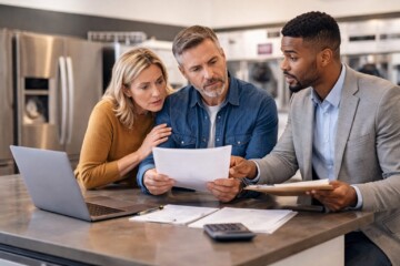 Appliance store owner reviewing warranty contract with sales associate in modern showroom surrounded by appliances
