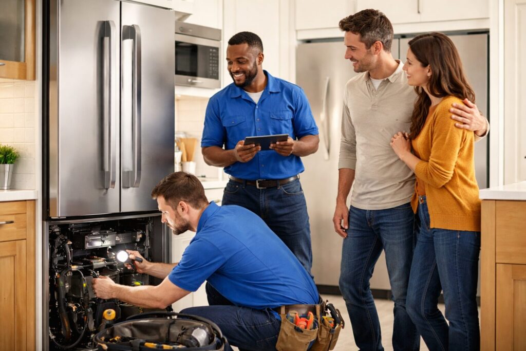 Appliance technician inspecting a modern kitchen appliance while a homeowner watches and discusses repair details