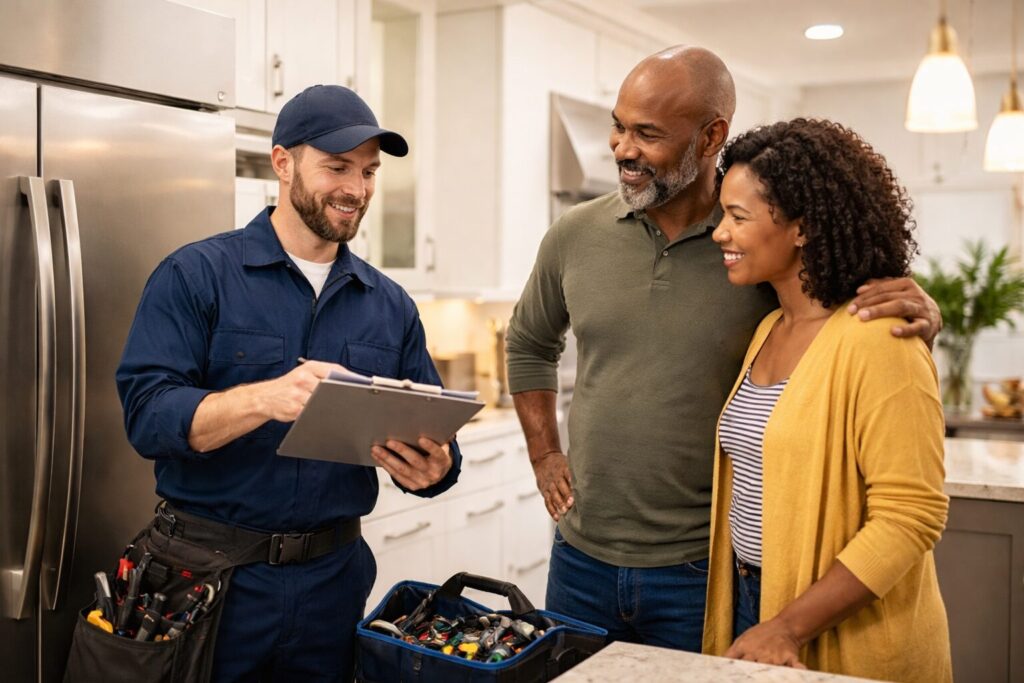 appliance technician repairing a modern kitchen appliance while homeowner observes and discusses service details
