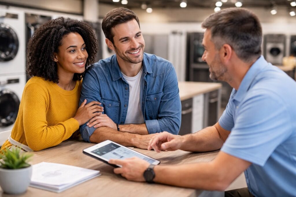 Appliance store associate assisting a middle-aged couple with warranty options in a modern appliance showroom