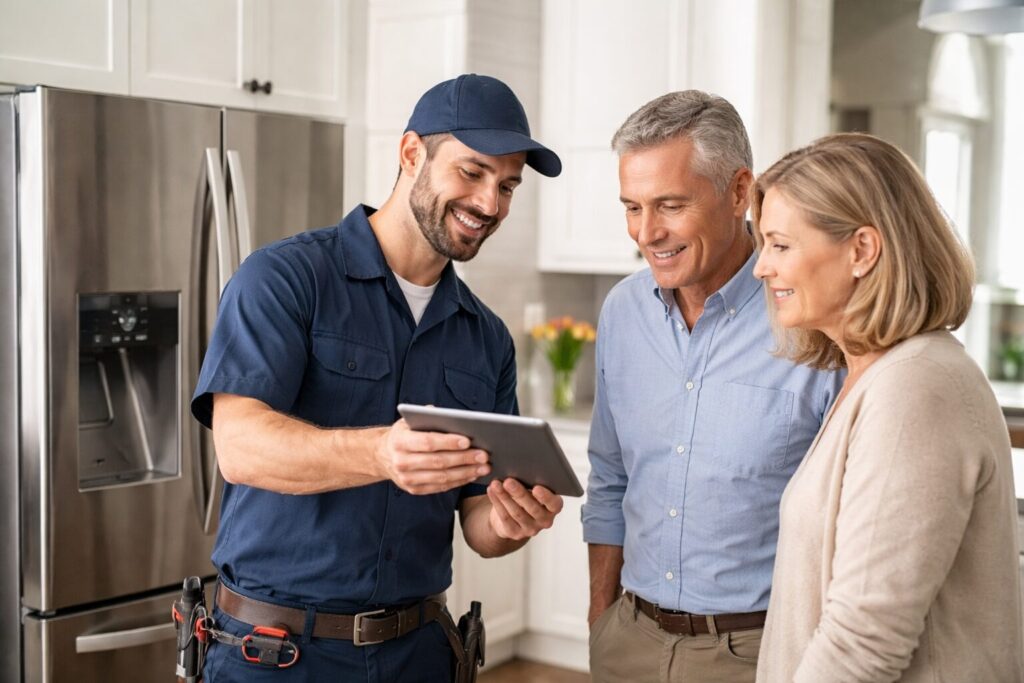 Homeowner discussing appliance warranty options with sales associate in modern appliance showroom