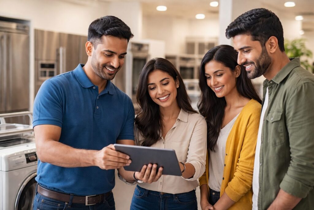 Brown couple discussing appliance warranty options with a sales associate in a modern appliance showroom