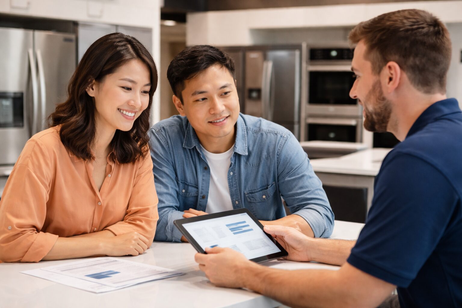 Asian couple shopping for kitchen appliances in a modern showroom with a sales associate assisting them