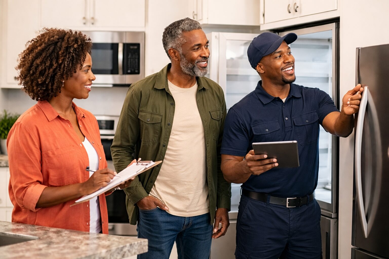 Black property manager discussing appliance warranty options with technician in modern apartment kitchen with new appliances