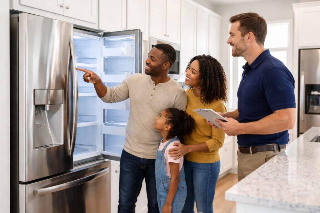 Black family smiling while shopping for modern kitchen appliances in a bright, contemporary showroom environment