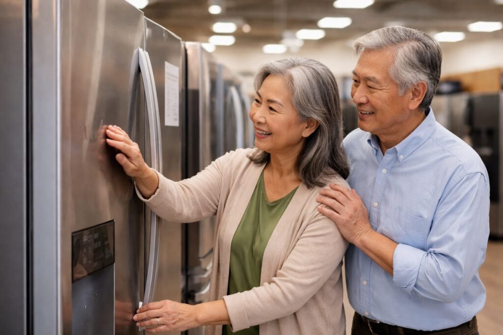 Asian older couple examining a modern refrigerator in a bright appliance showroom with a sales associate nearby