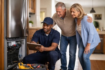 Appliance technician repairing a modern kitchen appliance while homeowner observes and discusses the service in a bright