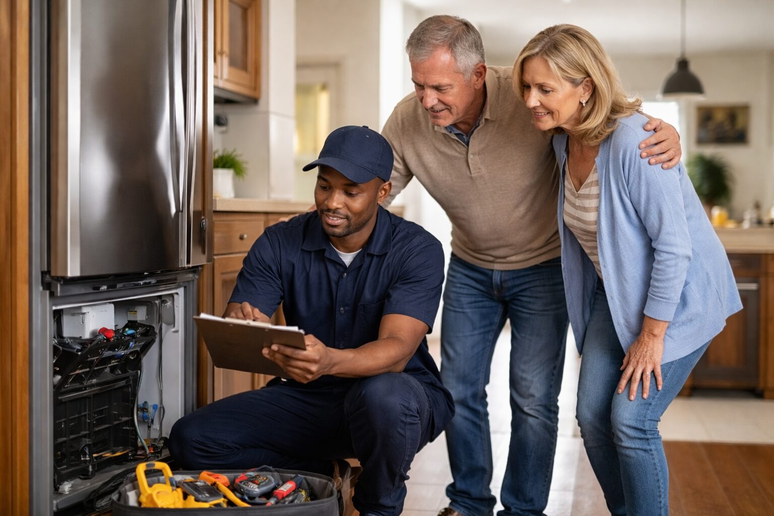 Appliance technician repairing a modern kitchen appliance while homeowner observes and discusses the service in a bright