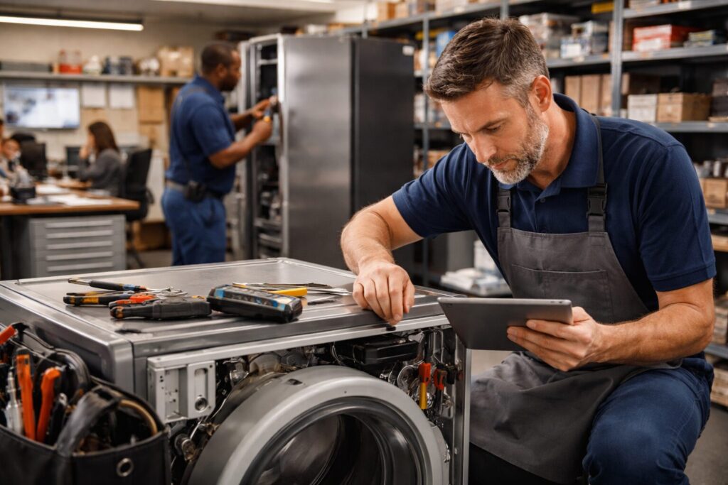 Appliance technician repairing a modern kitchen appliance while homeowner observes in a bright contemporary kitchen