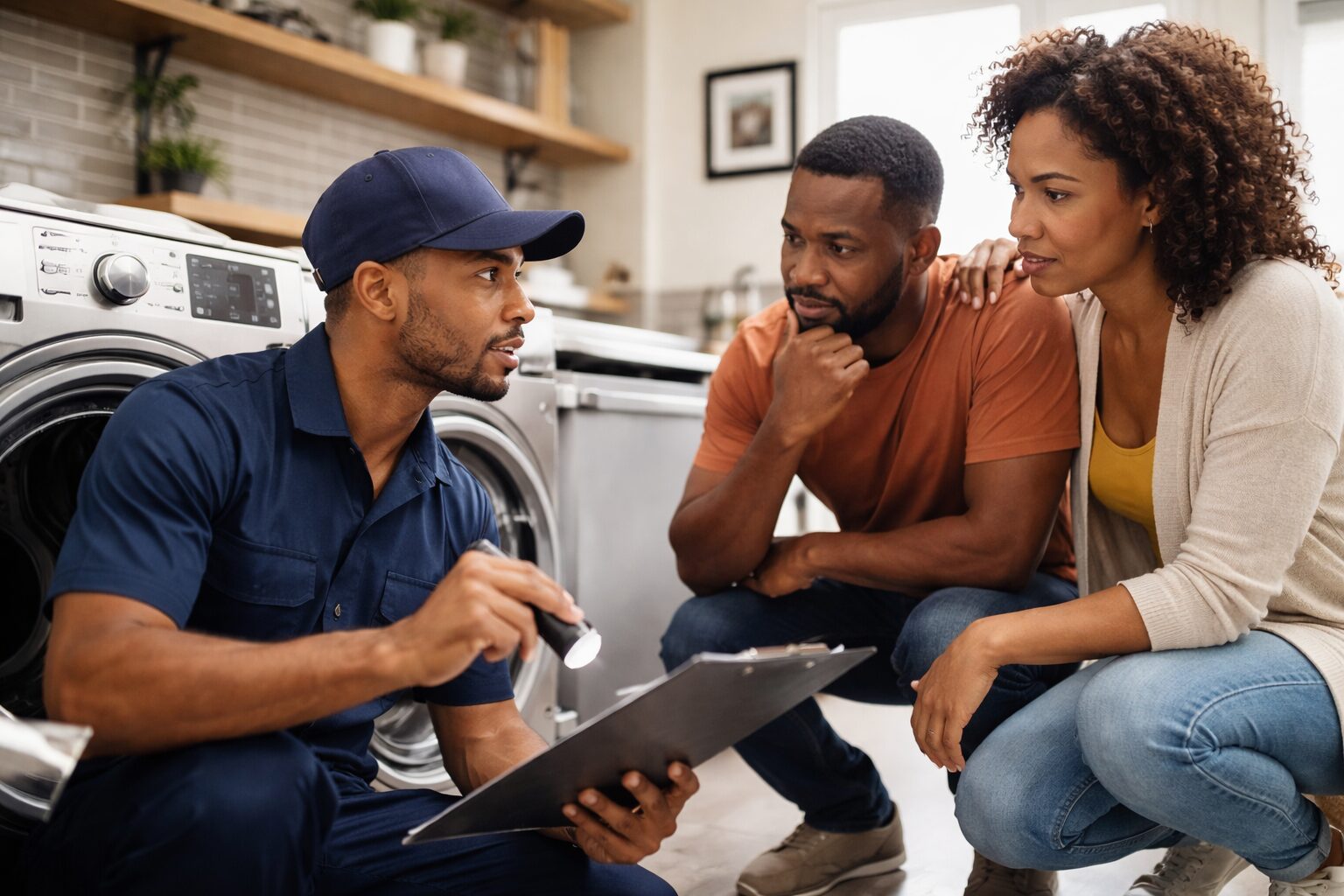 Black couple discussing repair options with an appliance technician inspecting a modern washing machine in a bright laundry