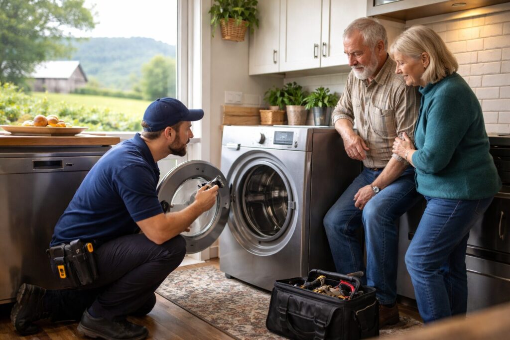 Appliance technician repairing a washing machine in a bright modern laundry room while homeowner observes nearby