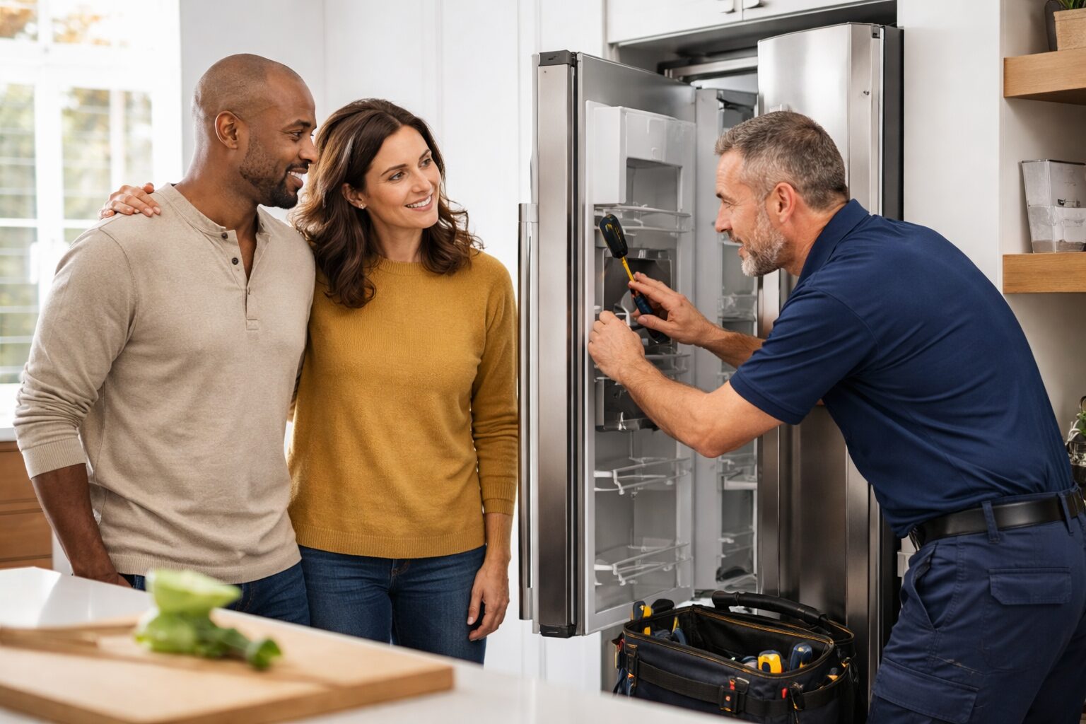 couple discussing appliance warranty details with sales associate in modern appliance showroom