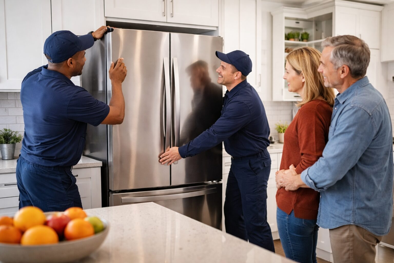 Appliance technician installing a modern washing machine in a bright, contemporary laundry room with a homeowner watching
