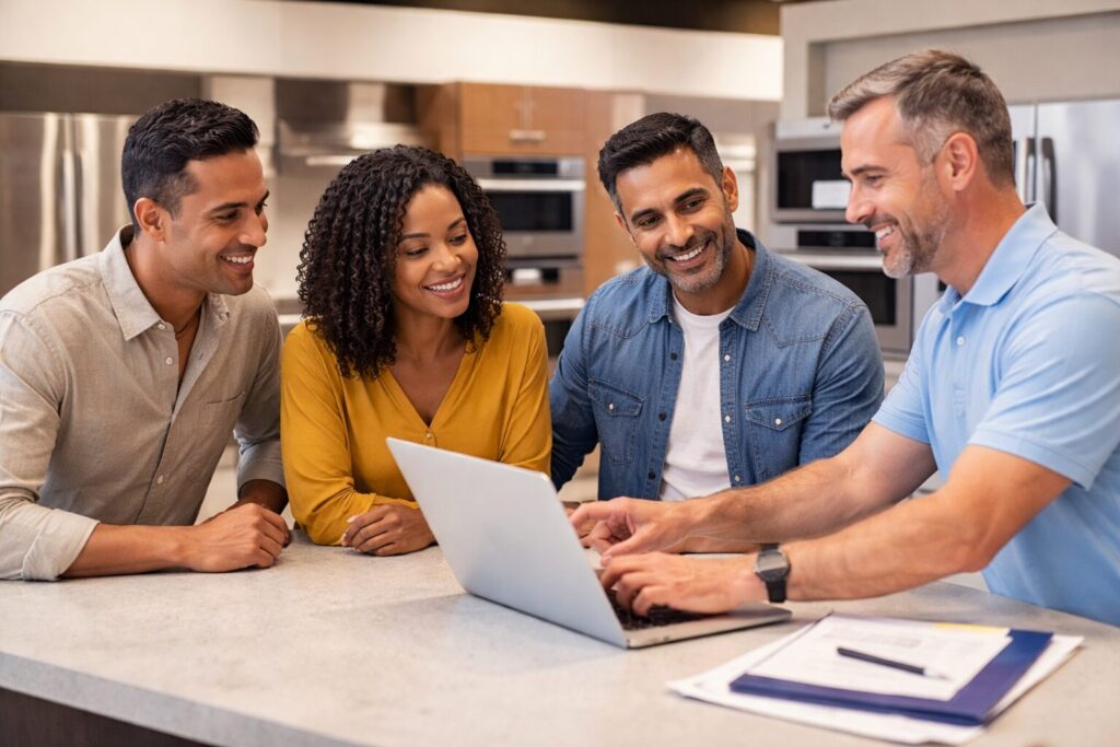 Multicultural appliance sales associates and customers interacting in a modern showroom with various appliances visible