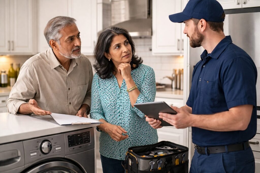 Older Brown couple reviewing appliance repair documents with technician in modern kitchen setting