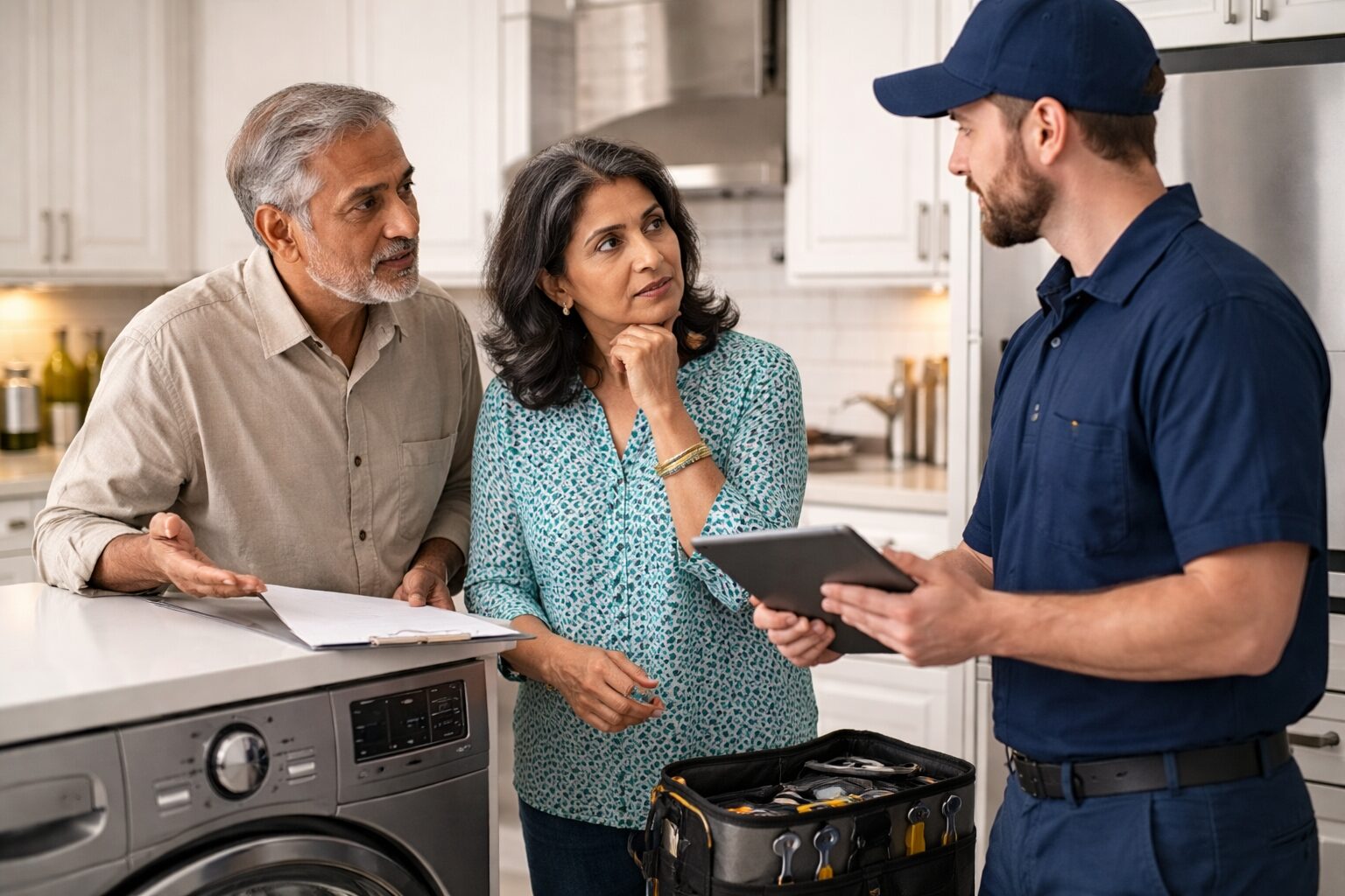 Older Brown couple reviewing appliance repair documents with technician in modern kitchen setting