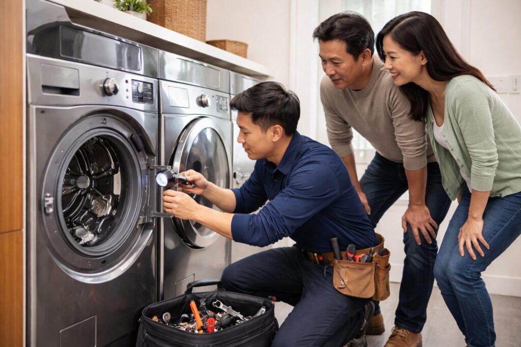 Asian couple discussing appliance repair options with a technician in a modern kitchen showroom