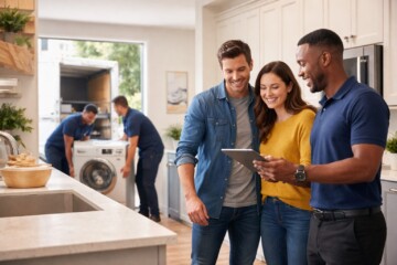 Appliance technician discussing replacement options with a middle-aged couple in a modern kitchen showroom